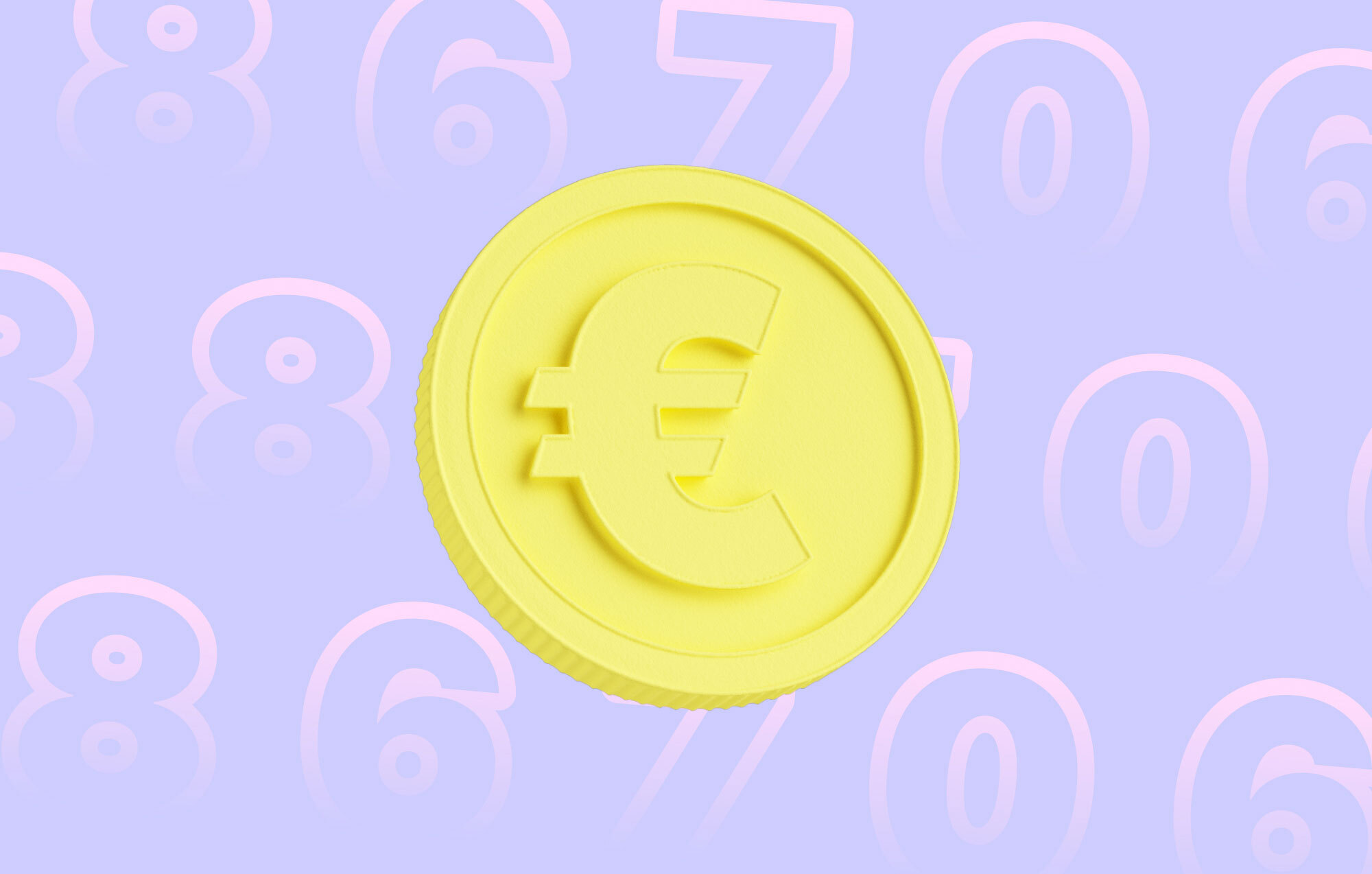 Yellow coin with euro symbol with pink numbers in the background – for charles article about getting your first purchase with WhatsApp marketing